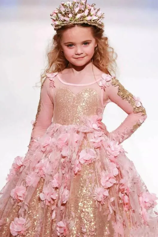 Бальное платье с золотыми блестками для девочек Пышное Платье длинными рукавами