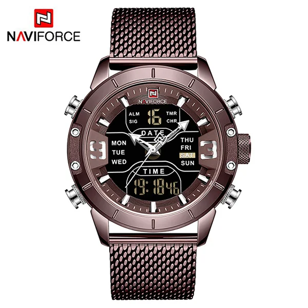 Coffe NAVIFORCE, люксовый бренд, мужские спортивные часы, мужские кварцевые, светодиодный, цифровые часы, мужские, полностью стальные, военные наручные часы, Relogio Masculino - Цвет: Coffe
