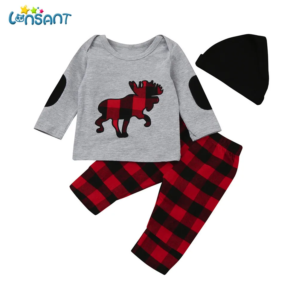 LONSANT 3pcs Toddler Infant Baby Girls Boys Casual Plaid Clothes Set Tops+Pants+Hat Outfits Playsuit 0-24M | Детская одежда и