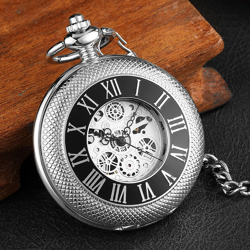 

Luxury Silver Pocket Watch Mens Unique Roman Number Sculpture Dial Fashion Mens Mechanical Watches With FOB Chain Men Women Gift
