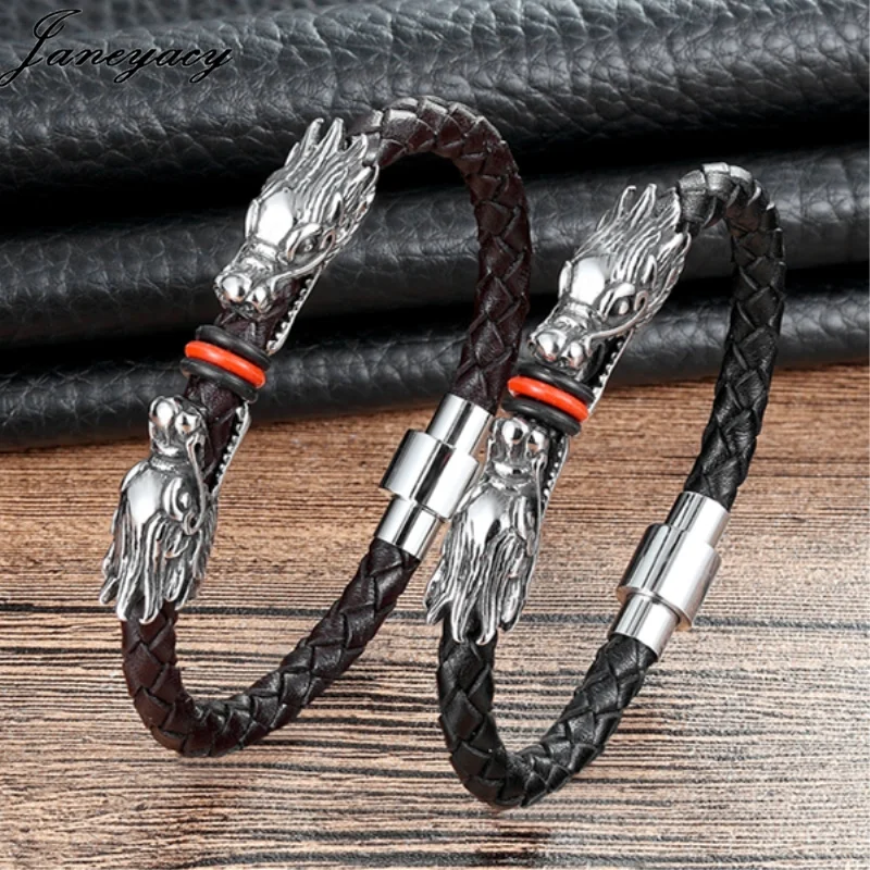 Janeyacy new Fashion Leather Bracelet Men's Brave Stainless Steel Dragon Brand Hombres Pulsera | Украшения и аксессуары
