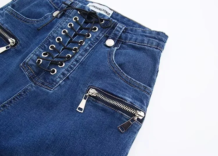 Винтажные Высокая талия женские расклешенные джинсовые брюки на шнурке широкие