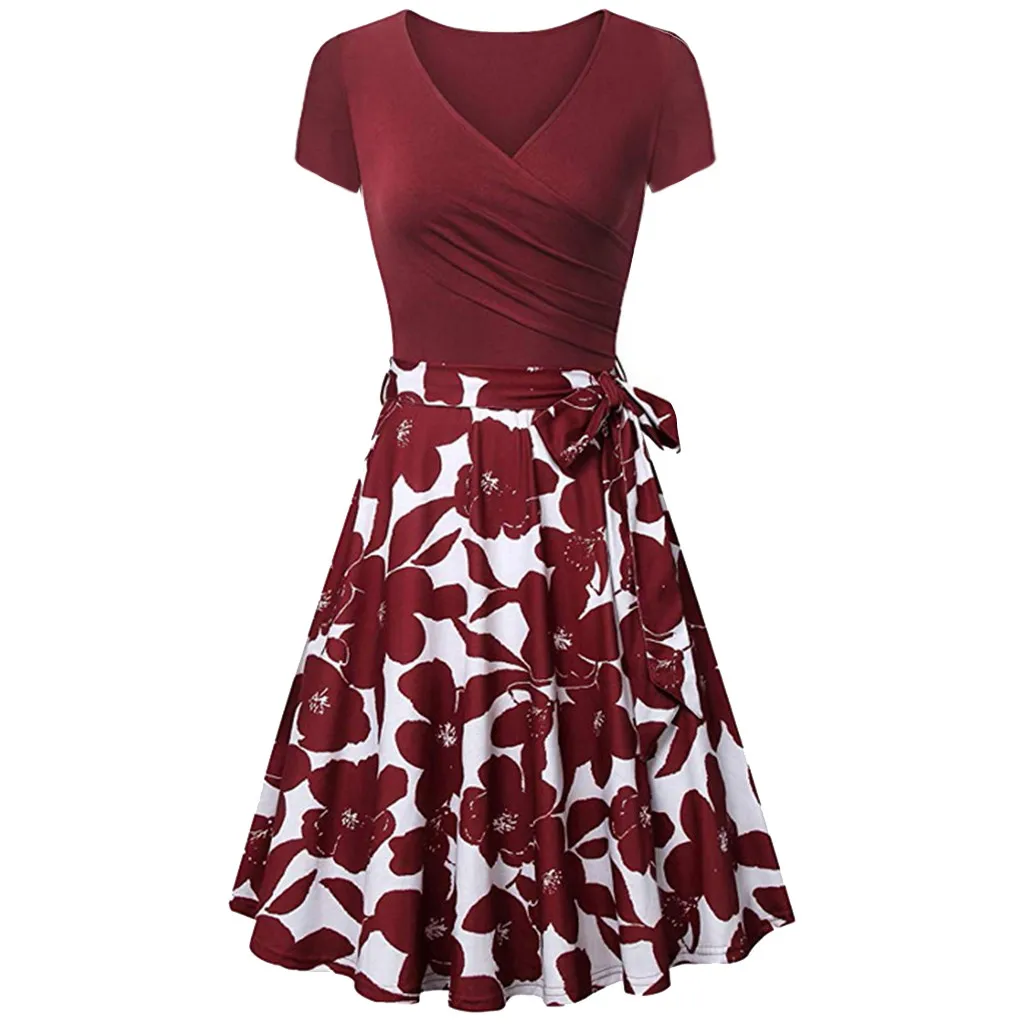 Платье женское винтажное с коротким рукавом треугольным вырезом|Женские платья|