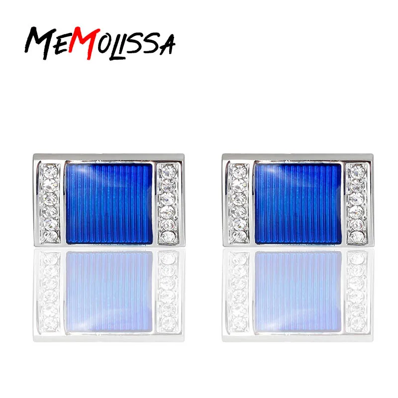 MeMolissa Classic Jewelry Wedding Cufflinks Fashion Blue Square Silvery Crystal Bussiness Mens Cuff links High Quality