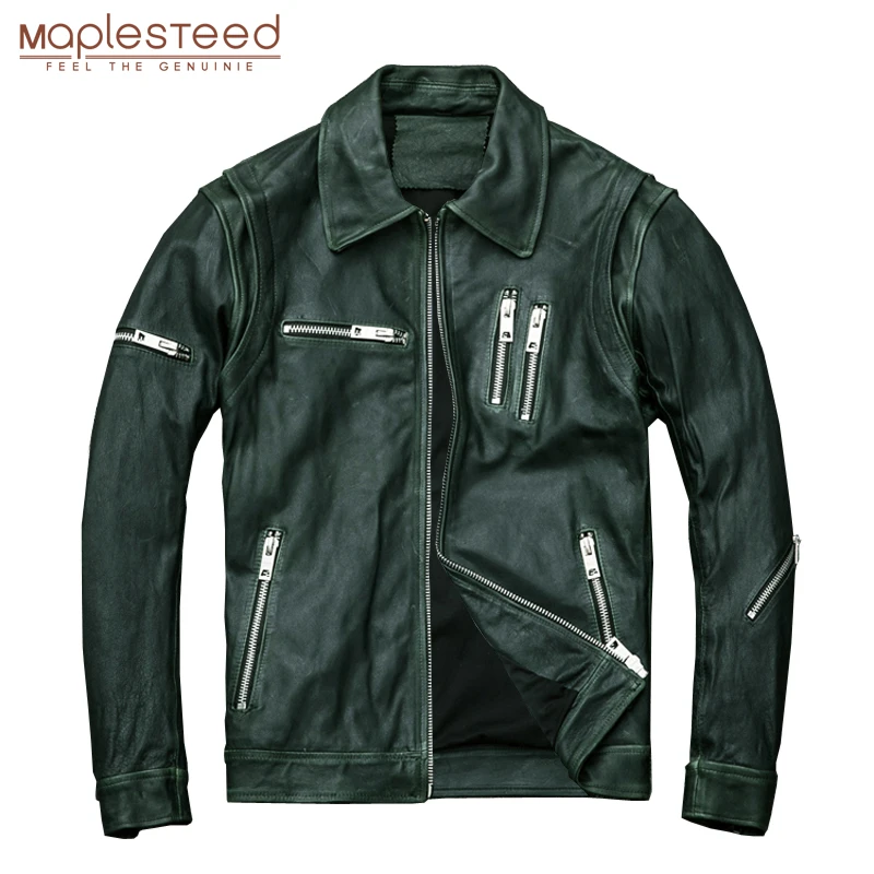 Мужская кожаная куртка MAPLESTEED зеленого цвета из овчины байкерская осенняя