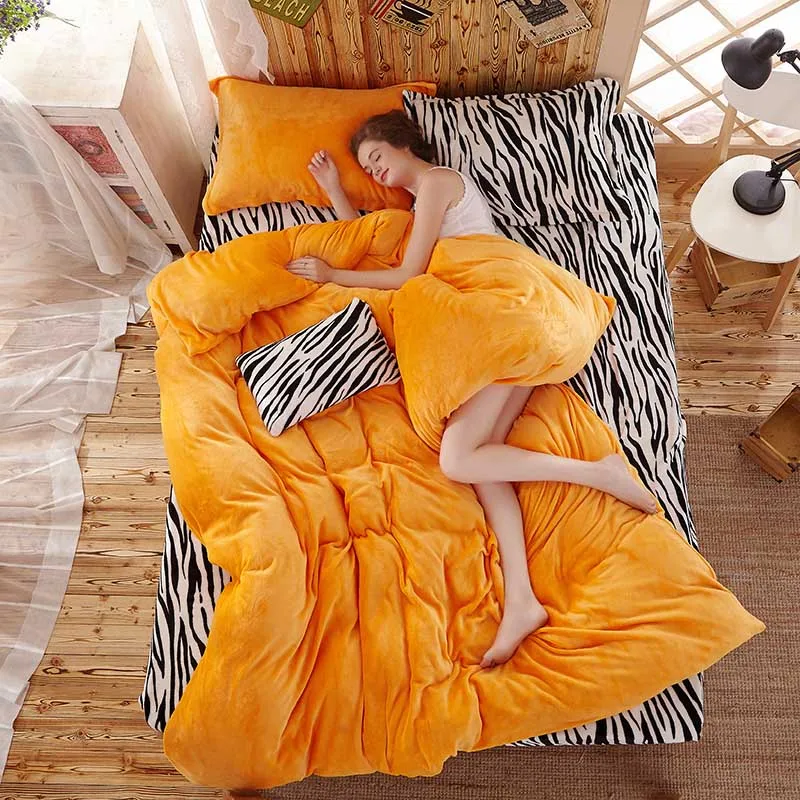 Zebra Stripe Orange Леопардовые полосатые зимние Утепленные фланелевые теплые постельные принадлежности набор плюшевых пододеяльников 4 шт/3 шт простыни чехлы на подушки, одеяло розовый - Цвет: Zebra Stripe Orange