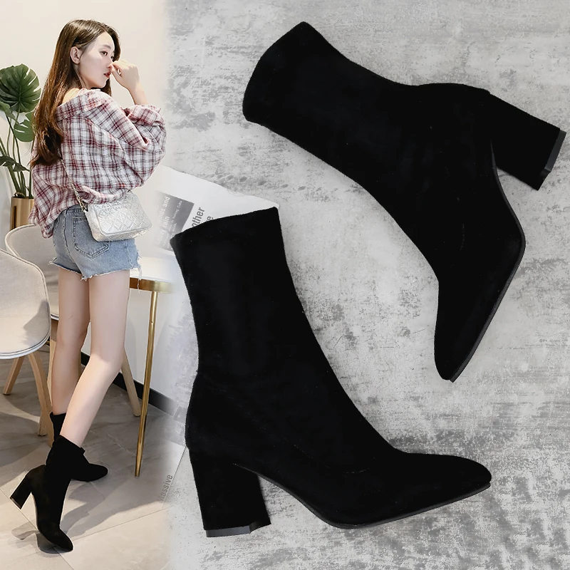 winter new ladies wild black fashion Flock boots women casual comfortable sweet high heel boots Female boots mujer c74