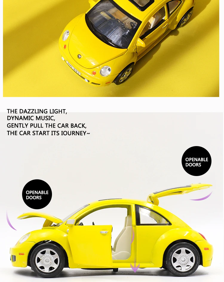 1/24 масштабная литая Модель Коллекционная машина Beetle, подарок для мальчиков, металлические игрушки с открывающимися дверцами/функция оттягивания/музыка/светильник