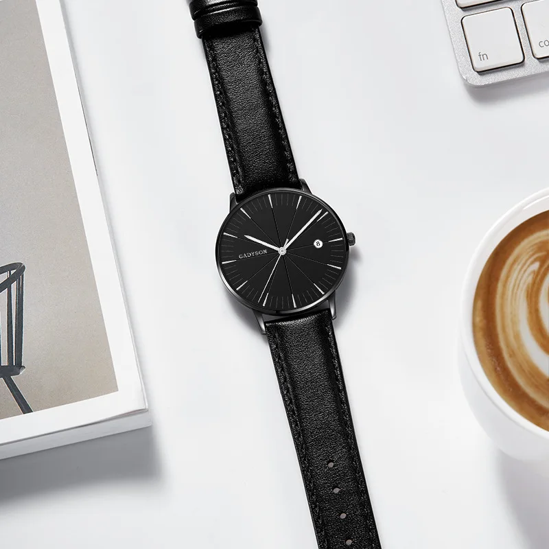 Мужские модные черные кварцевые часы кожаный ремешок высокого качества