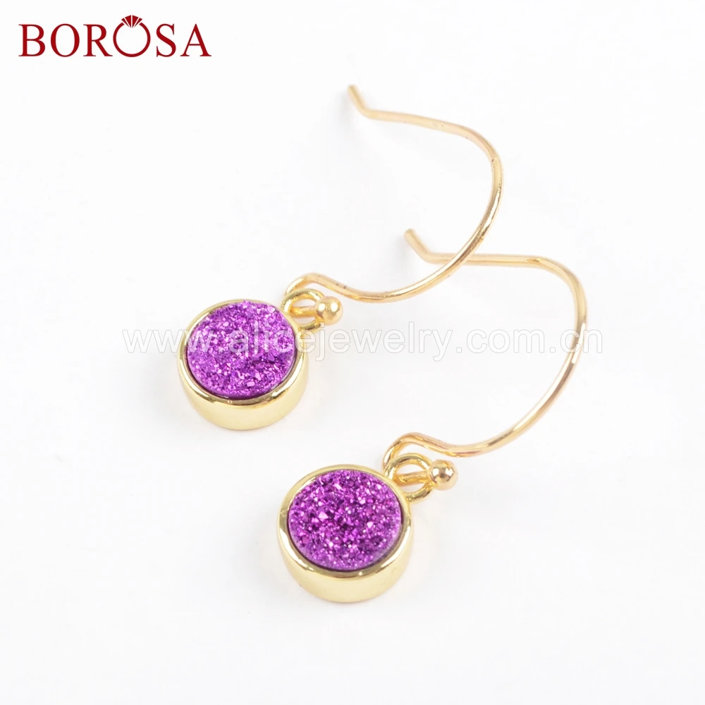 

BOROSA 5Pairs 9mm Round Gold Bezel Natural Agates Titanium Rainbow Druzy Earring Drusy Dangle Earrings Jewelry ZG0358-E