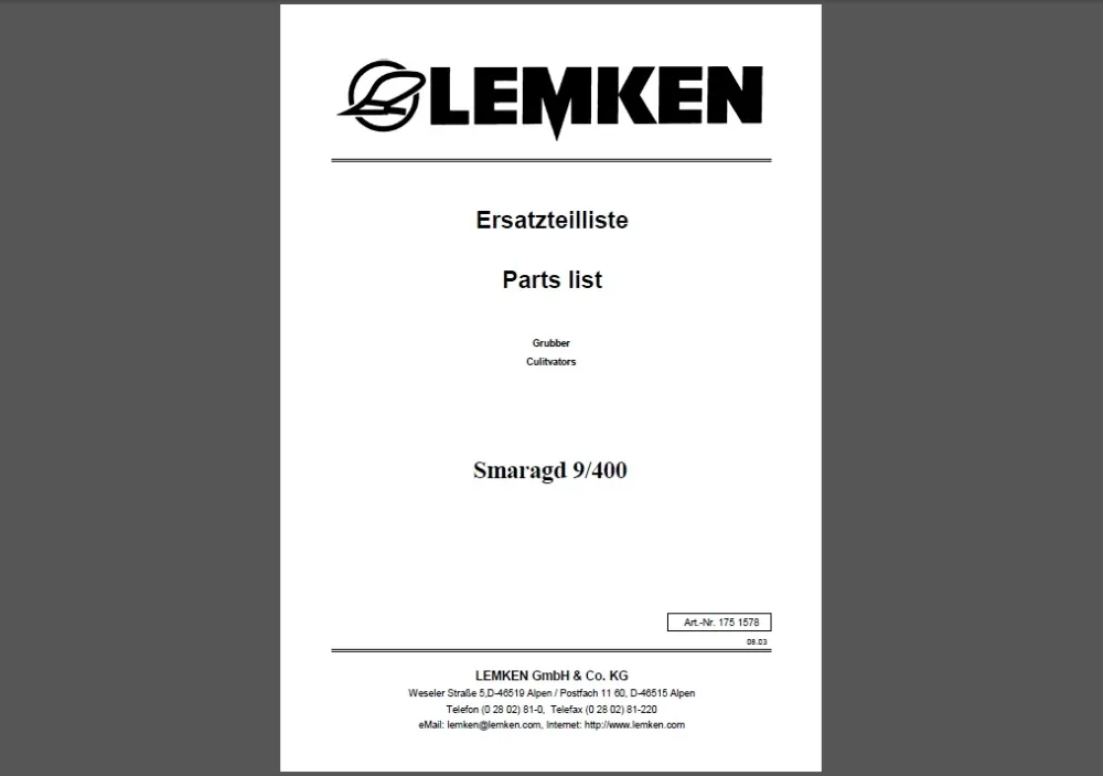 Каталоги запчастей для сельскохозяйственного оборудования Lemken PDF|ПО| |