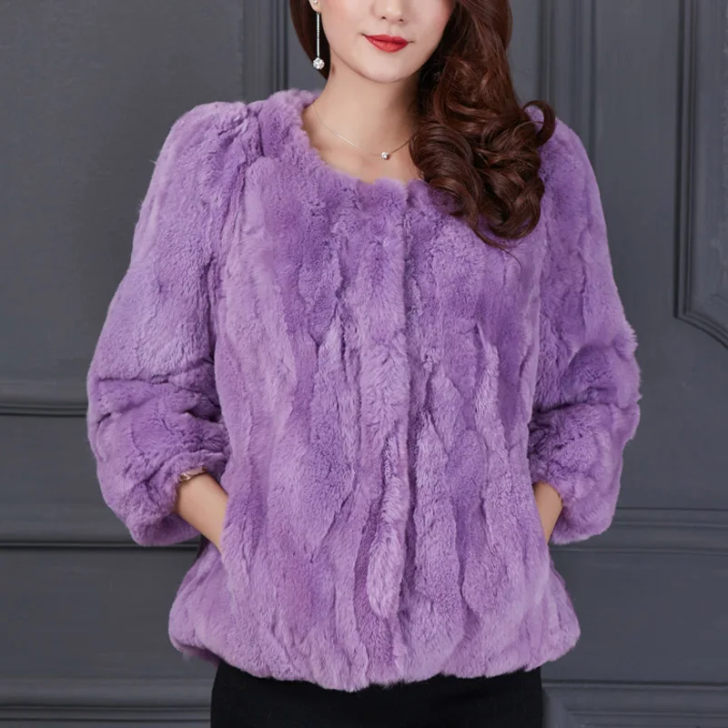 lilac Новая Осенняя зимняя женская шуба из кролика рекс Верхняя одежда Женская Короткая Меховая куртка с круглым вырезом и длинным рукавом размера плюс S-5XL g88102 - Цвет: lilac