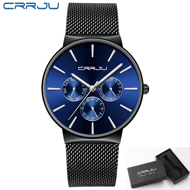 black blue CRRJU, роскошные брендовые новые мужские Модные Цветные повседневные нарядные тонкие кварцевые часы с датой, бизнес стильные синие часы - Цвет: black blue