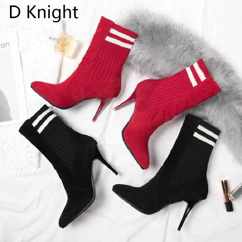 Модные ботильоны с эластичным голенищем Женские зимние пикантные черные ботинки