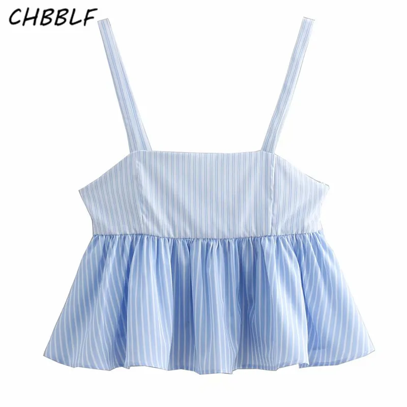 CHBBLF women striped short style camis blouse sleeveless backless pleated tops side zipper female chic shirts BGB9099 | Женская одежда