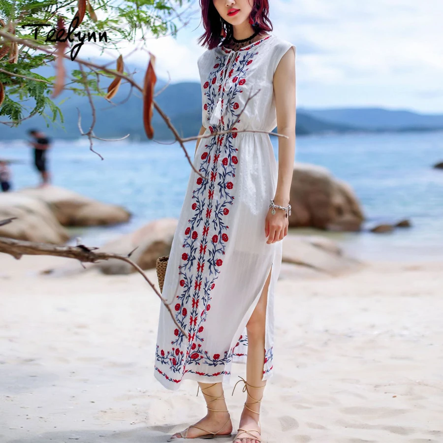

TEELYNN boho long dress for women vintage white cotton floral embroidery sleeveless summer dress chic beach wear dresses vestido