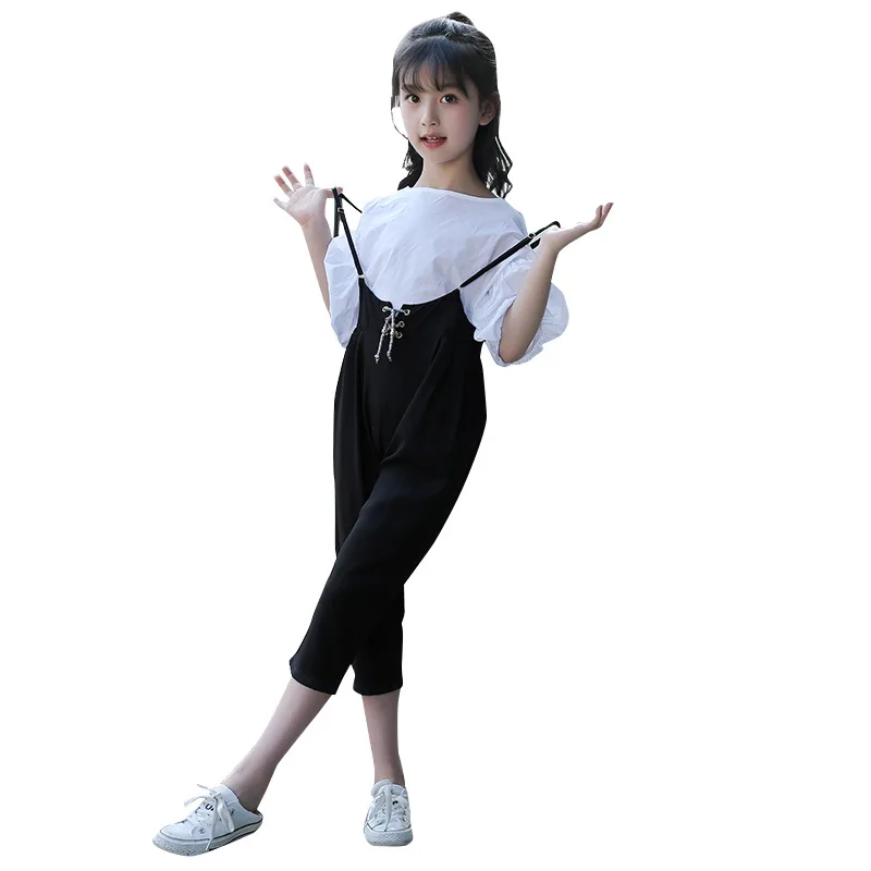 girls clothing set Лето, комплект одежды для девочек-подростков из 2 предметов, белая блузка с пышными рукавами Топ и черные штаны-шаровары, комплект одежды для девочек - Цвет: girls clothing set