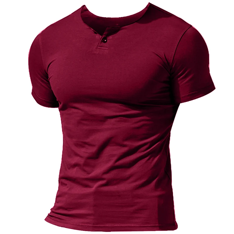 Красный MUSCLE ALIVE Мужская Летняя Повседневная футболка с коротким рукавом Henleys однокнопочная планка простая футболка с круглым вырезом Бодибилдинг Фитнес - Цвет: Красный