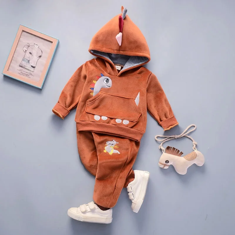Winter Baby Clothes Set Long Sleeve Fleece 1-3Y Cartoon Boys Hooded sweatshirt+ velvet Pants Thick Warm Suits |