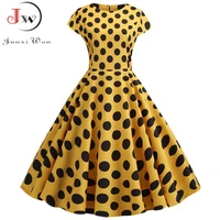 yellow polka dot print women summer dress vintage swing rockabilly dress robe femme elegant party plus size casual midi vestidos