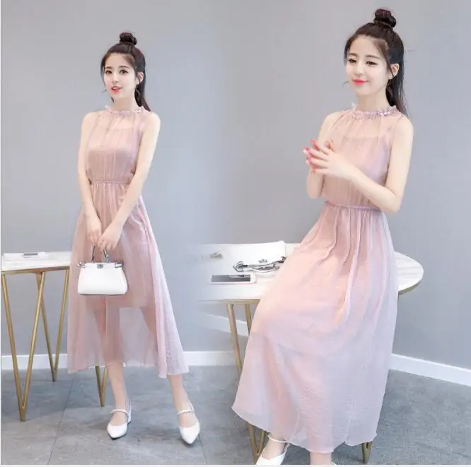 2019 кружевное летнее платье женское без рукавов милое розовое миди тонкое пляжное