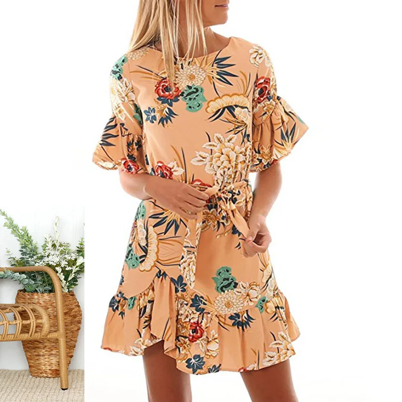 Летнее модное платье с круглым вырезом и принтом 5 цветов лоскутное