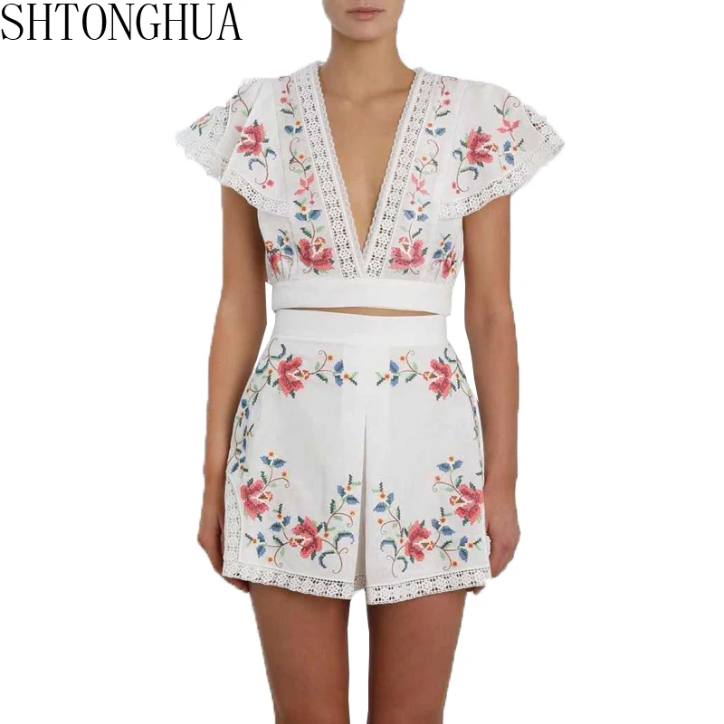 Женские модельные костюмы SHTONGHUA из 2 предметов кружевной лоскутный короткий топ с