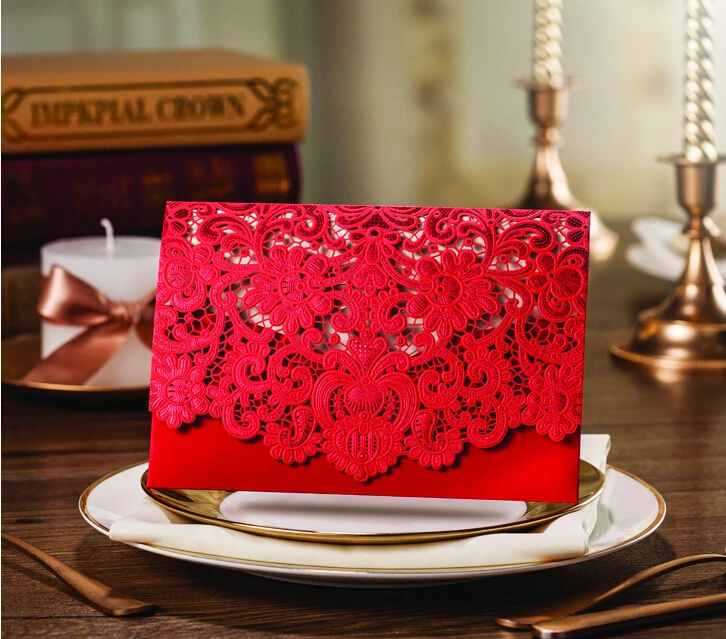 Personalized Elegant Floral Laser Cut Red flower design Wedding Invitation card 30SET/LOT Free Printing | Дом и сад