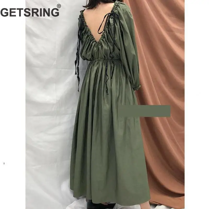GETSRING, женское платье, выдалбливают, шнурок, рукав-фонарик, винтажное платье, черный хлопок, длинные летние платья для женщин,, новая мода