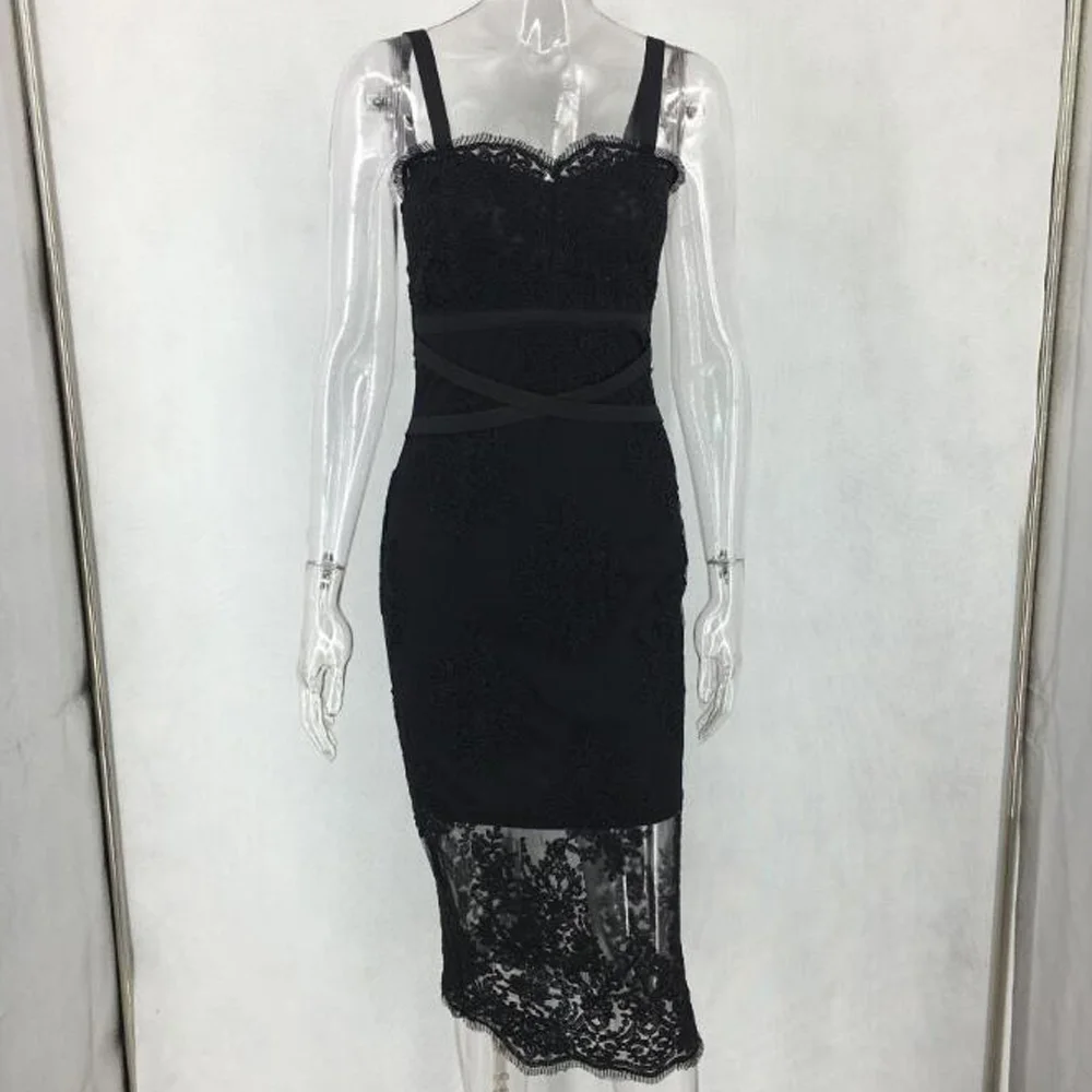 Женское Кружевное облегающее платье летнее женское Открытое сексуальное на тонких бретельках черное