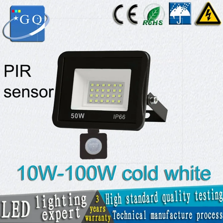 cold white 10 Вт 20 Вт 30 Вт 50 Вт 70 Вт 100 Вт СИД прожекторное освещение AC220V DC12V в черном корпусе с прожекторы PIR сенсорный датчик движения лампа с датчиком - Испускаемый цвет: cold white