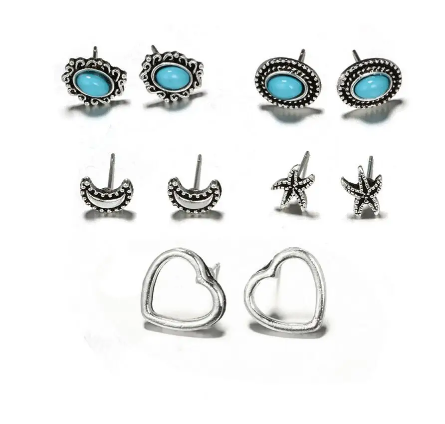 Vinatge Brincos Starfish moon stars серьги-гвоздики 5 пар/компл. Бохо античный цветок кристалл
