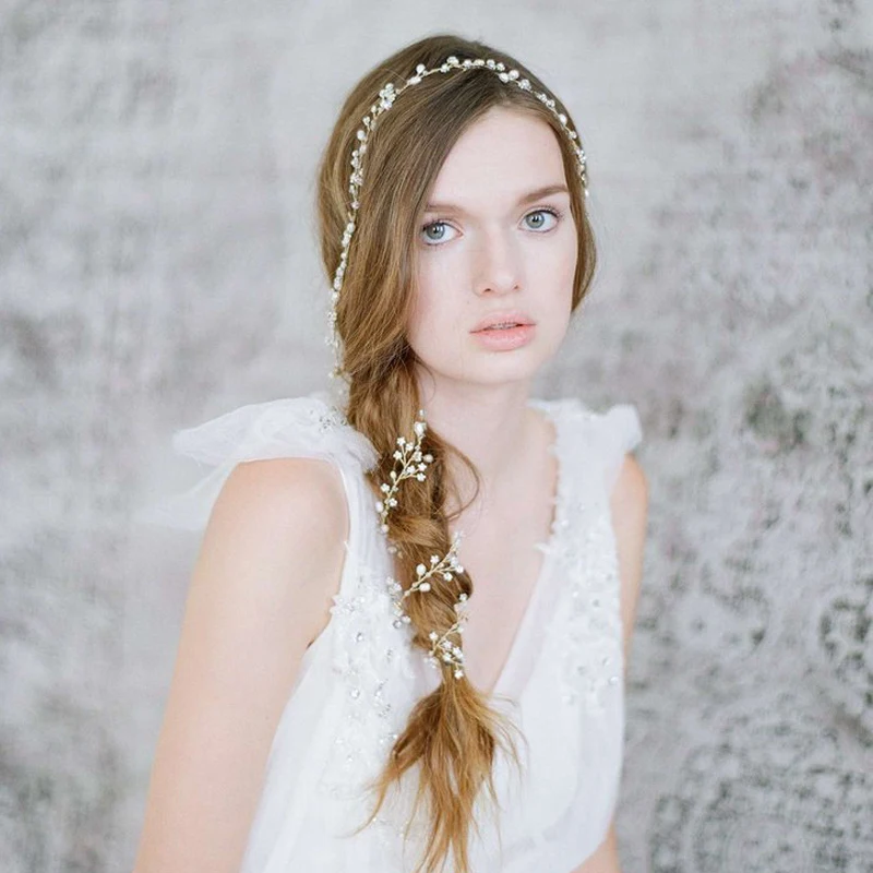Fashion Handmade Long Bridal Hair Band Romantic Hairwear Floral Headpieces Pearl Jewelry Accessories Wedding Head Chain | Украшения и