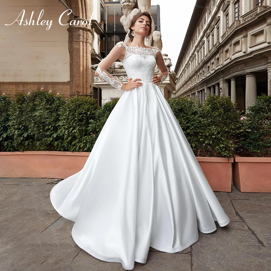 Ashley Carol Elegant Boat Neck Soft Satin Long Sleeve Wedding Dress Lace Up Sweep Train Simple French Vintage Wedding Gowns