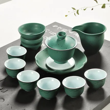 Japanese Kung Fu tea ceramic sets colorful glaze green pots cups bowl home Tea table decoration | Кухня столовая и бар