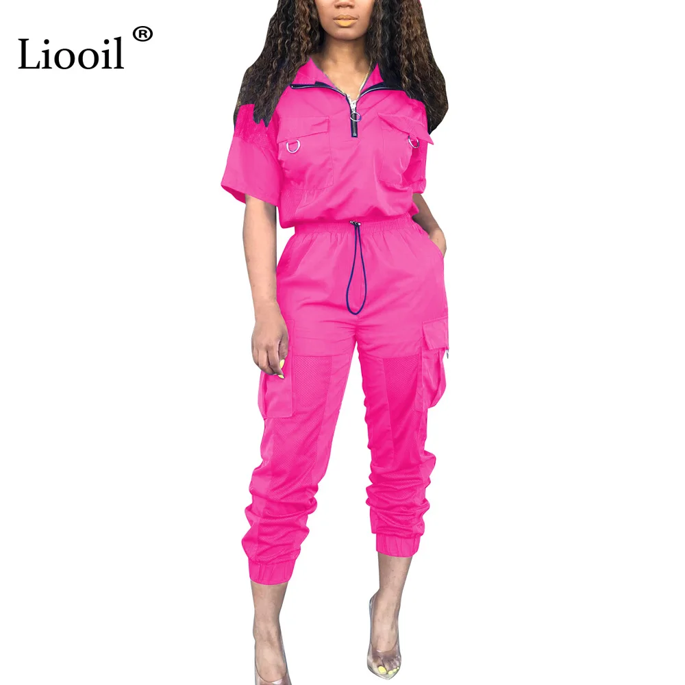 Розовый Liooil неоновый зеленый комплект из двух частей для активного отдыха, женский укороченный топ и длинные штаны,, модная новая сексуальная летняя Клубная одежда, спортивный Спортивный костюм - Цвет: Розовый