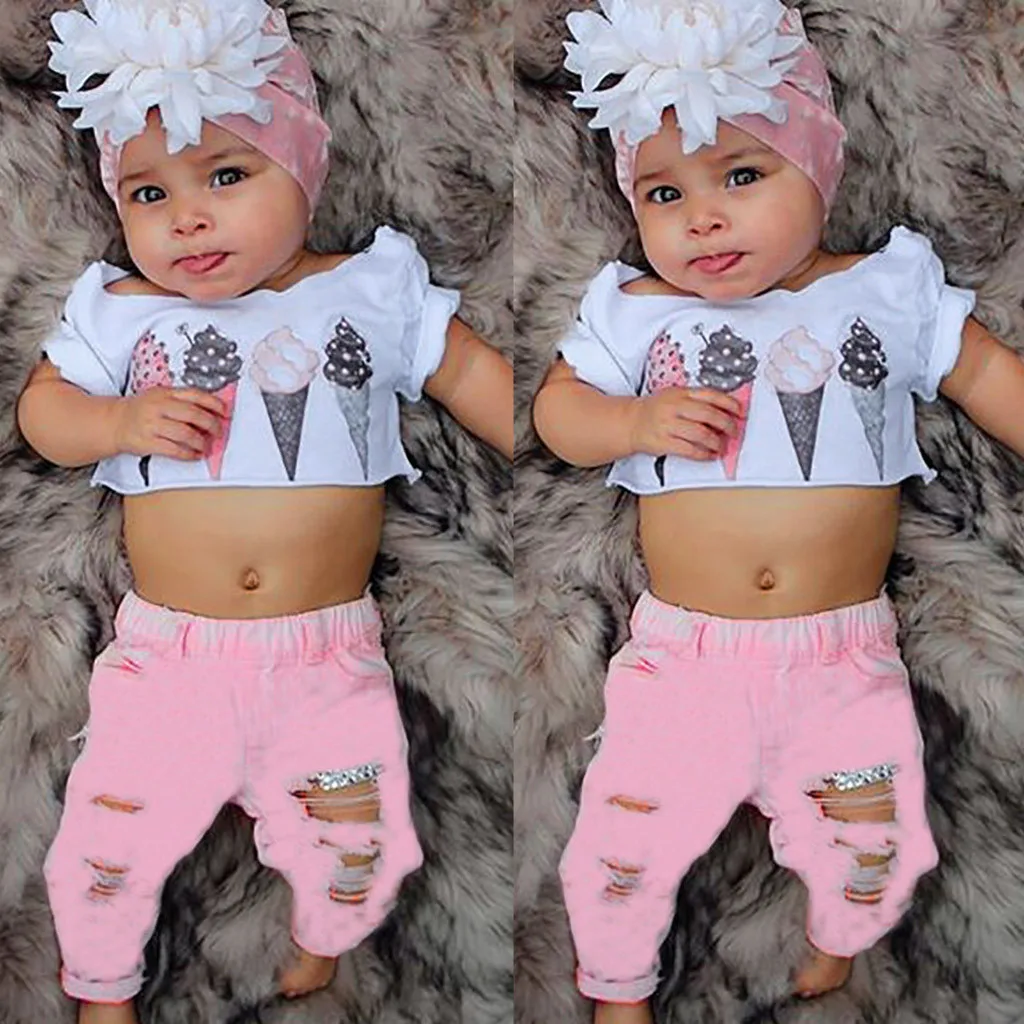 2PCs Newborn Kid Girls Short Sleeve Cartoon Print Tops +Pants Outfits Sets |