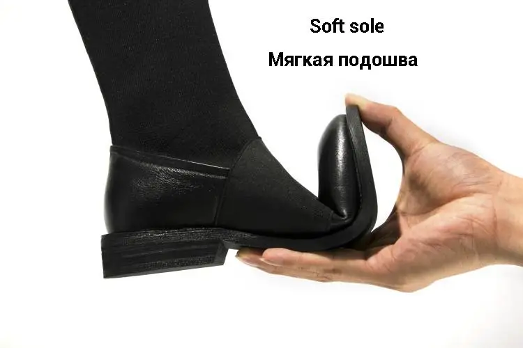 CDAXIALN/Новинка; женские полусапожки из натуральной коровьей кожи с трикотажной отделкой; сапоги до середины икры на низком каблуке с отстрочкой; сезон зима-осень