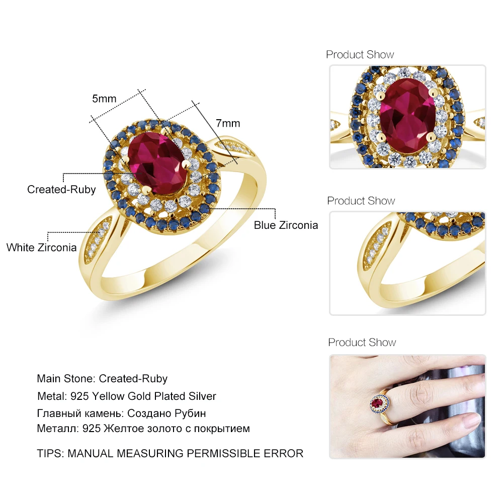 GemStoneKing 1 54 Ct овальное красное искусственный рубин 18K желтое Позолоченное
