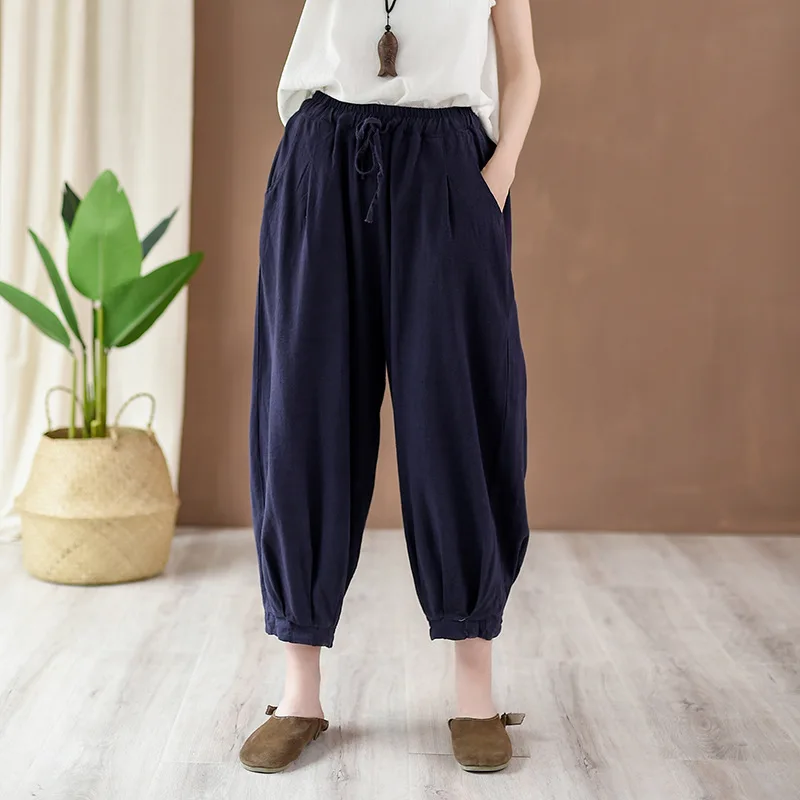 Женские летние хлопковые льняные штаны Knickerbockers однотонные брюки с эластичным