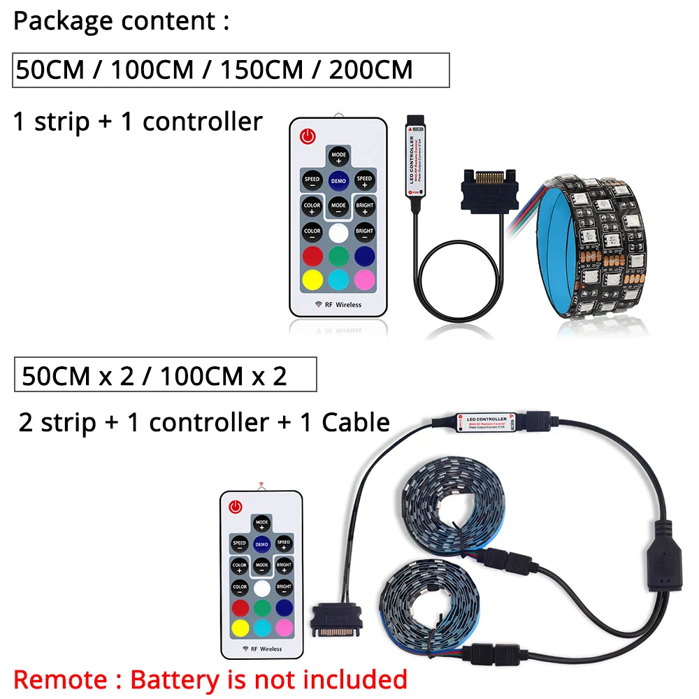 Sata Светодиодные ленты RGB SMD 5050 60 светодиодный s/m 50/100/150/200 см с радиочастотным пультом дистанционного управления для ПК чехол IP20 12V светодиодный гибкие полосы светильник