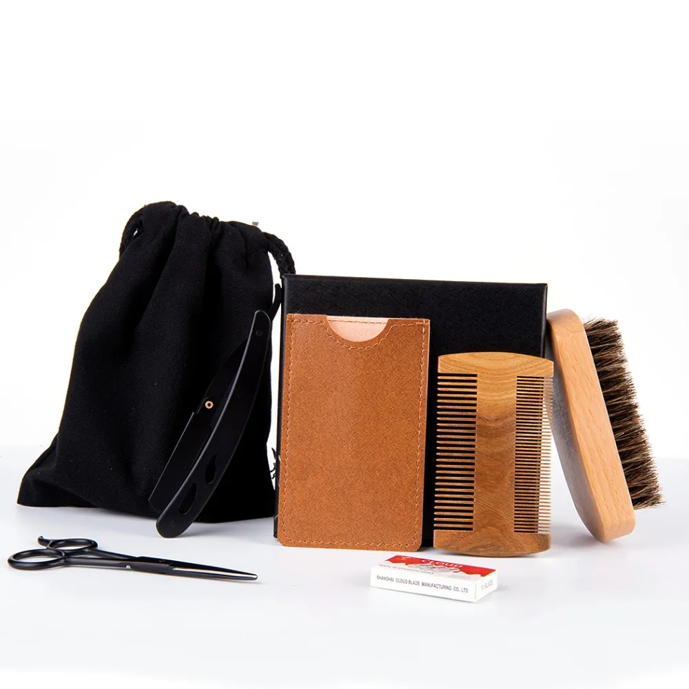 ZY Beard Grooming Kit For Men Boar Bristle Brush+Beard Scissors+Straight Edge Razor+Double Edged Hair Comb+Bag Perfect Gift | Красота и