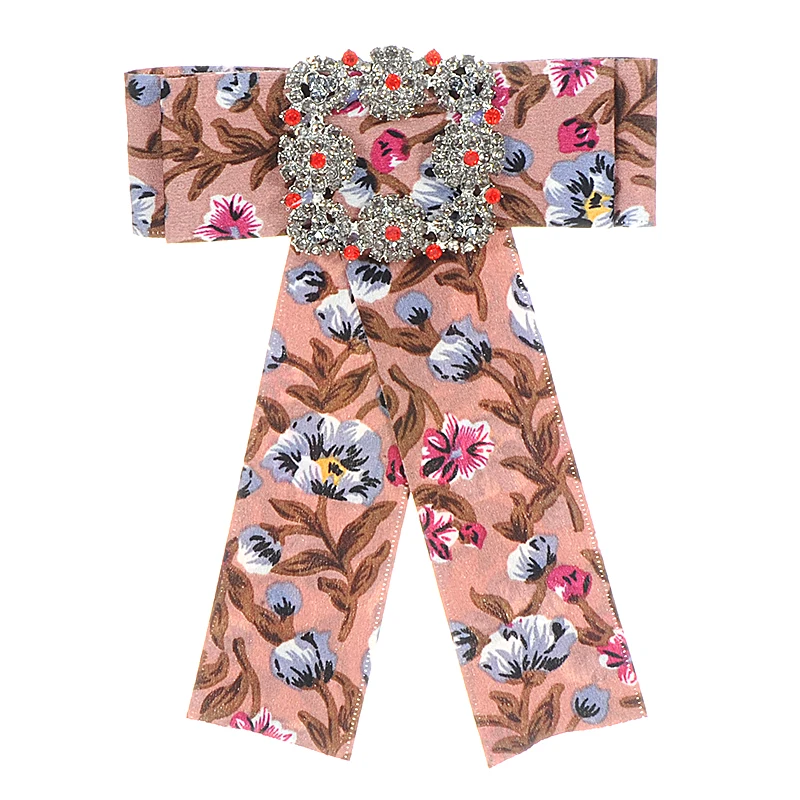 ZHINI Fashion Design Printed Floral Fabric Ribbon Bows Brooches High Quality Big Neckties Bow knot Pins Crystal Jewelry | Украшения и