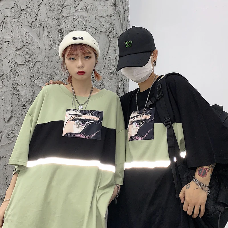 CheerSolo Harajuku негабаритная Футболка женская светоотражающий летний топ мультфильм аниме футболка Черная зеленая футболка Японская уличная одежда
