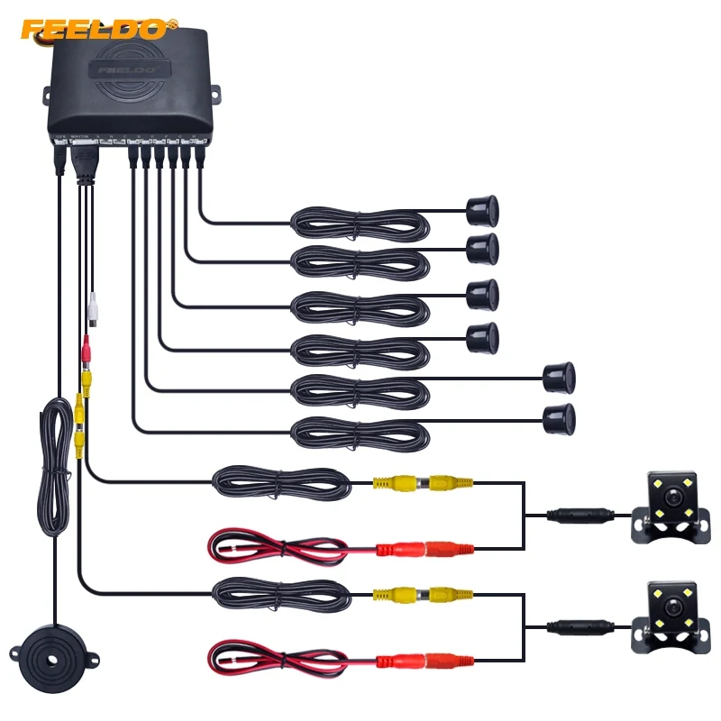 

FEELDO 1Set Car 6-Sensors Parking Sensor with 2pcs CCD 4-LED Camera Dual Visual Rear View Video Backup Radar System