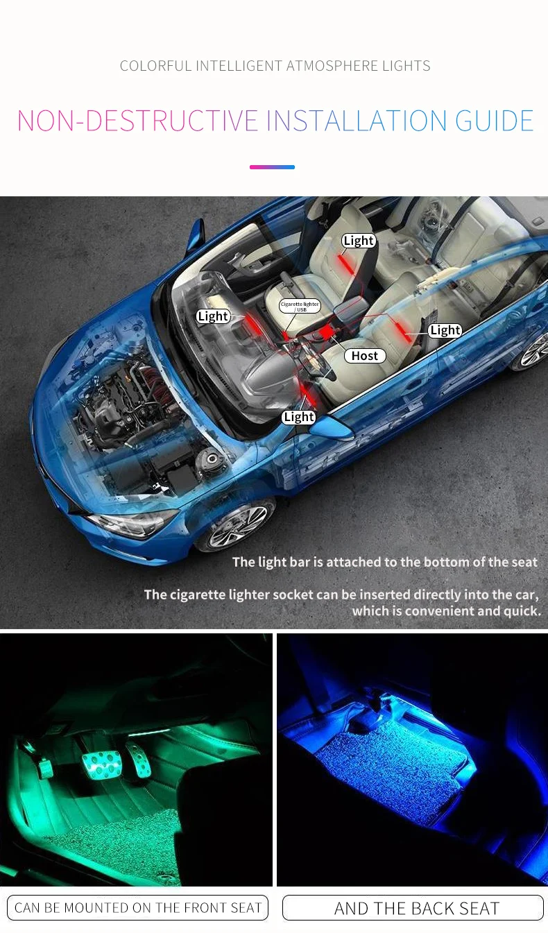 4x12LED автомобиля атмосферная лампа для ног с сигареты светильник er пульт дистанционного управления/несколько режимов Авто Светодиодная лента RGB окружающей среды светильник