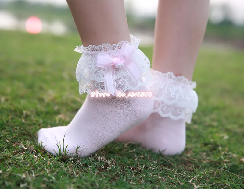 New 2017 children girls ribbon bow double lace socks with lttle pearl cute beautiful princess cotton 5 size S M L XL XXL|socks 5|girl socksgirl |