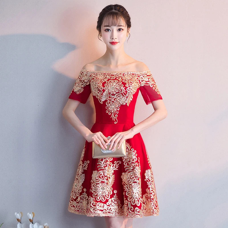 Красное женское вечернее платье с вырезом лодочкой элегантное мини Ципао