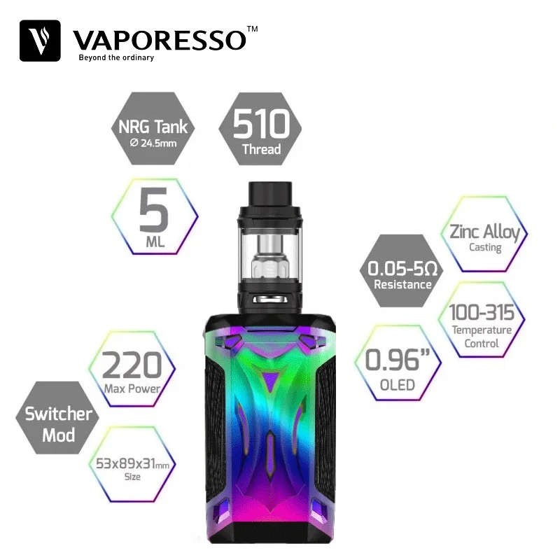 Vaporesso коммутатор 220 Вт TC поле Mod Vape для электронной сигареты комплект 5 мл NRG танк