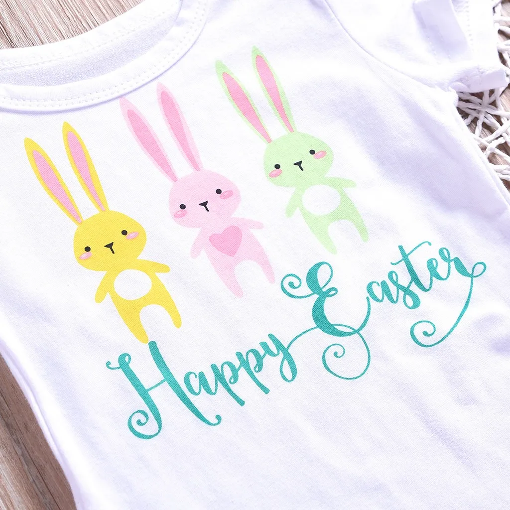 TELOTUNY 2019 Baby Girls Toddler Short Sleeve Letter Romper Tops+Floral Pants+Headbands Set Outfits Happy Easter Sets#40 | Мать и ребенок